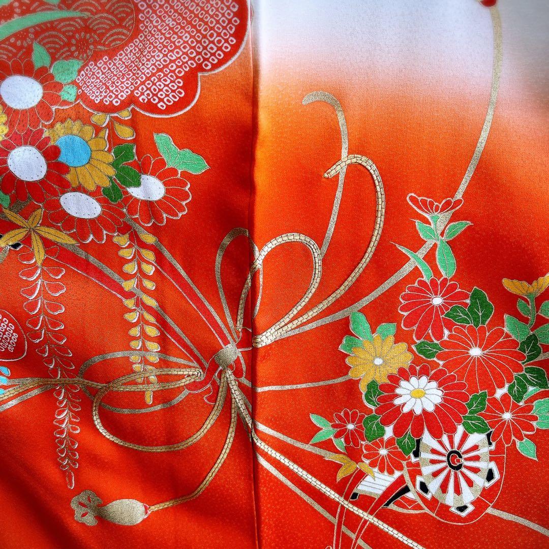 七五三　7歳　女の子　着物フルセット　小物セット　オレンジ　金糸　5231