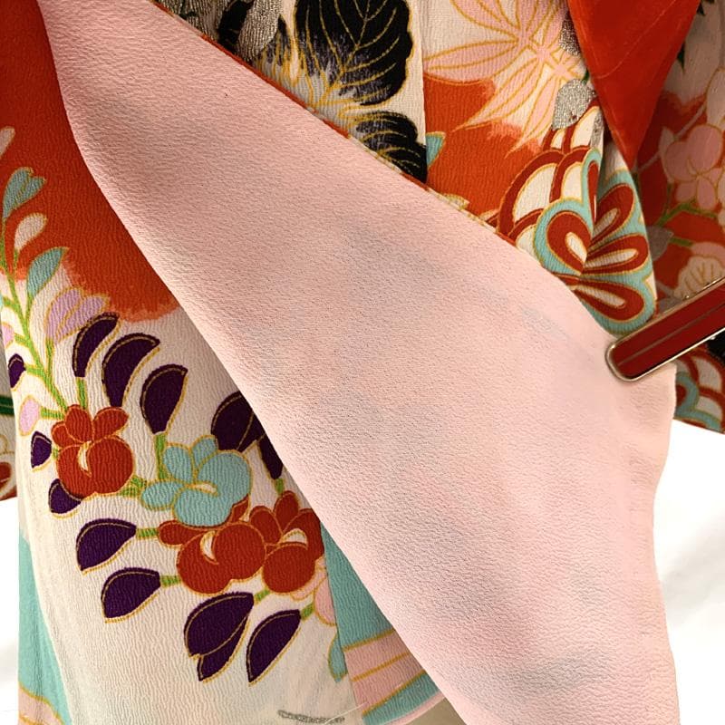 510ag63□七五三 三歳 アンティーク 着物&被布 銀彩 御所車□状態良好