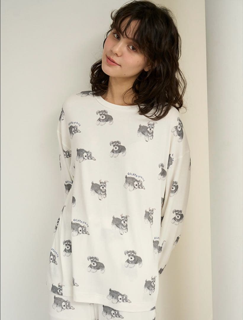 【新品】ジェラートピケ　シュナウザー柄ロンＴ&ロングパンツ上下セット