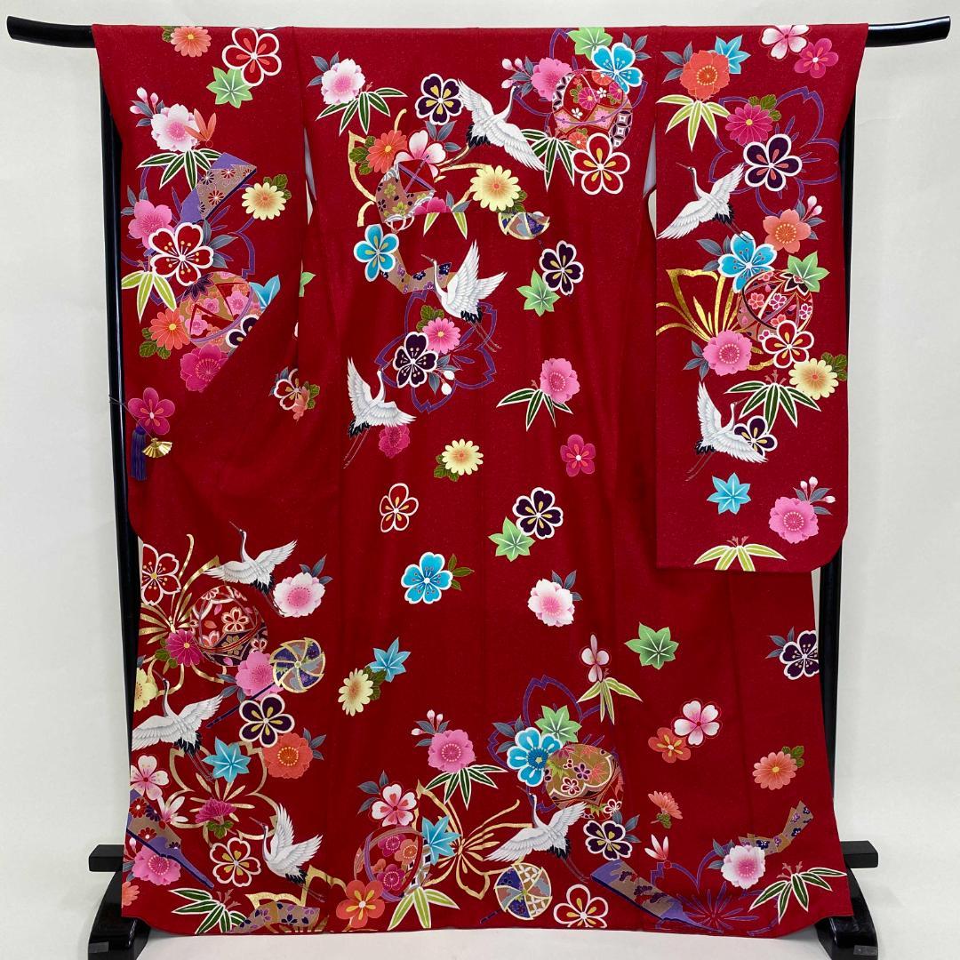 振袖☆正絹☆赤☆古典に花柄☆鶴☆裄長68㎝☆成人式☆中古 G-619