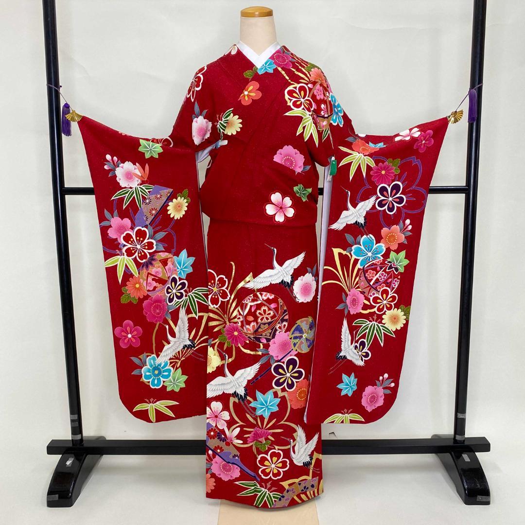 振袖☆正絹☆赤☆古典に花柄☆鶴☆裄長68㎝☆成人式☆中古 G-619