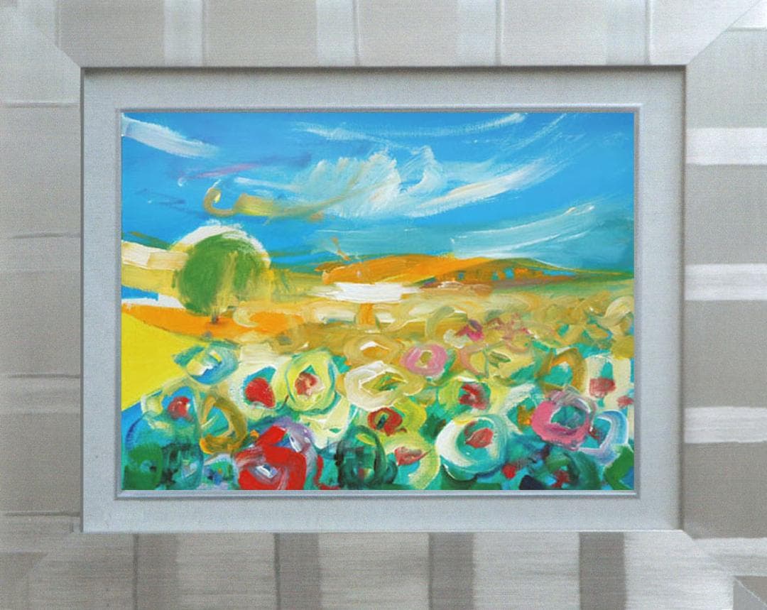 油絵 菅家令子 絵 絵画インテリア額付(青緑＋金色の枠)uF6-050610