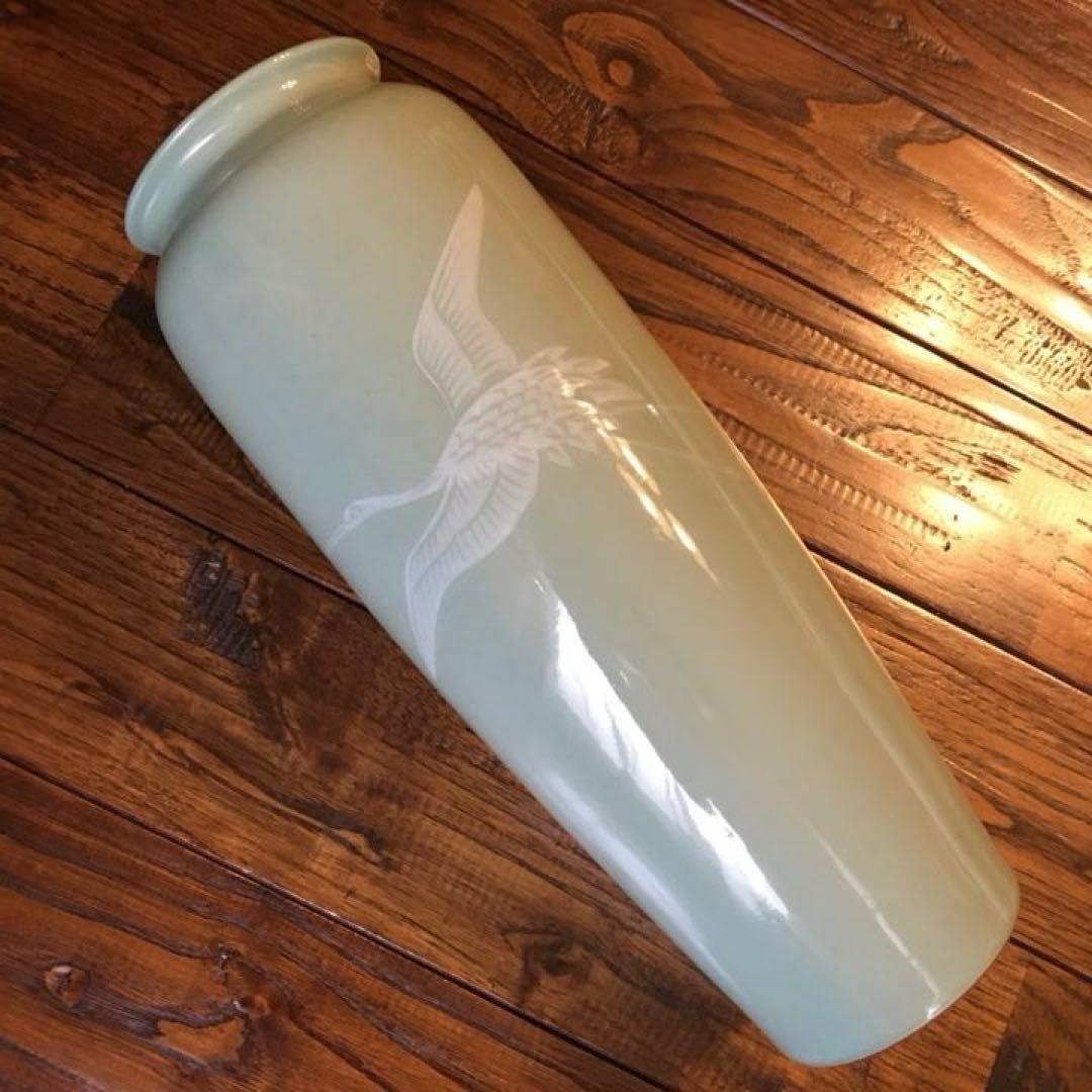 経年70年以上 清水焼 青磁 『鶴』花瓶 花器 花入 壺 飾り壺 時代物 骨董