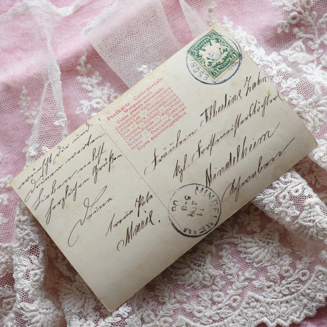 アンティークポストカード　イースターのウサギとお揃いワンピの可愛い少女たち