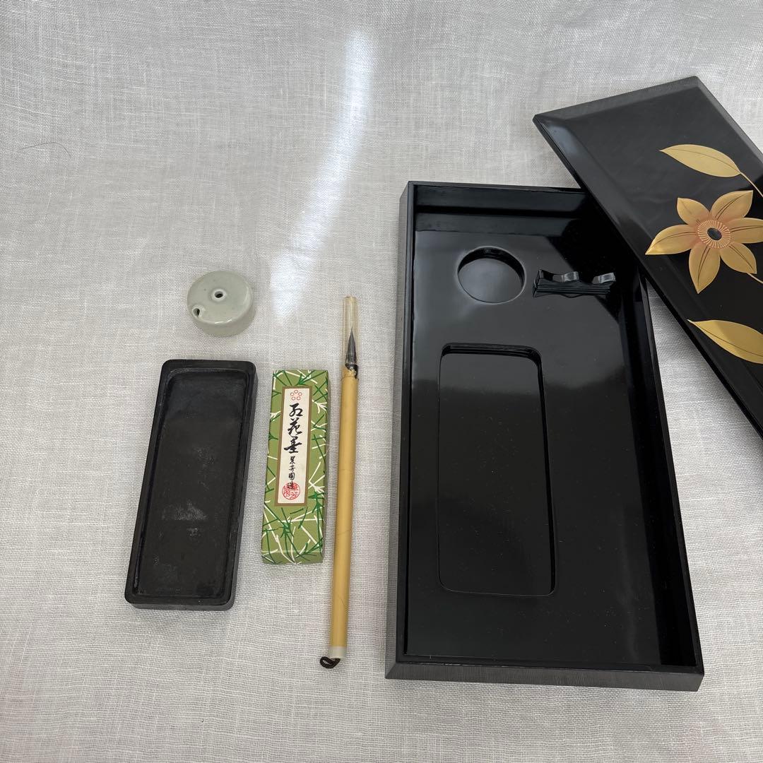 美品】硯箱 螺鈿 漆塗り 鉄仙の花 五花墨 書道 工芸品 ヴィンテージの