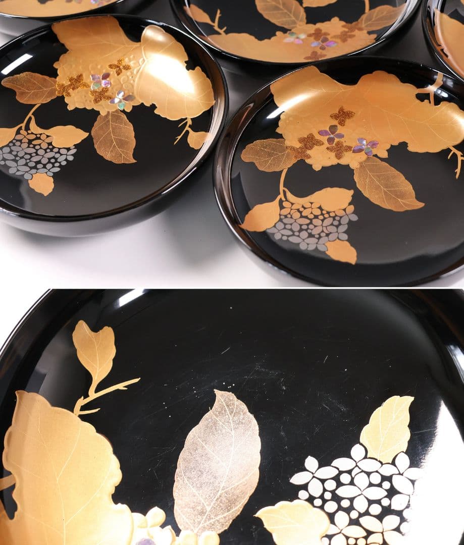 MB190】天然木漆塗 紫陽花と葵 金蒔絵 螺鈿入 黒塗 煮物椀 五客 昭和期