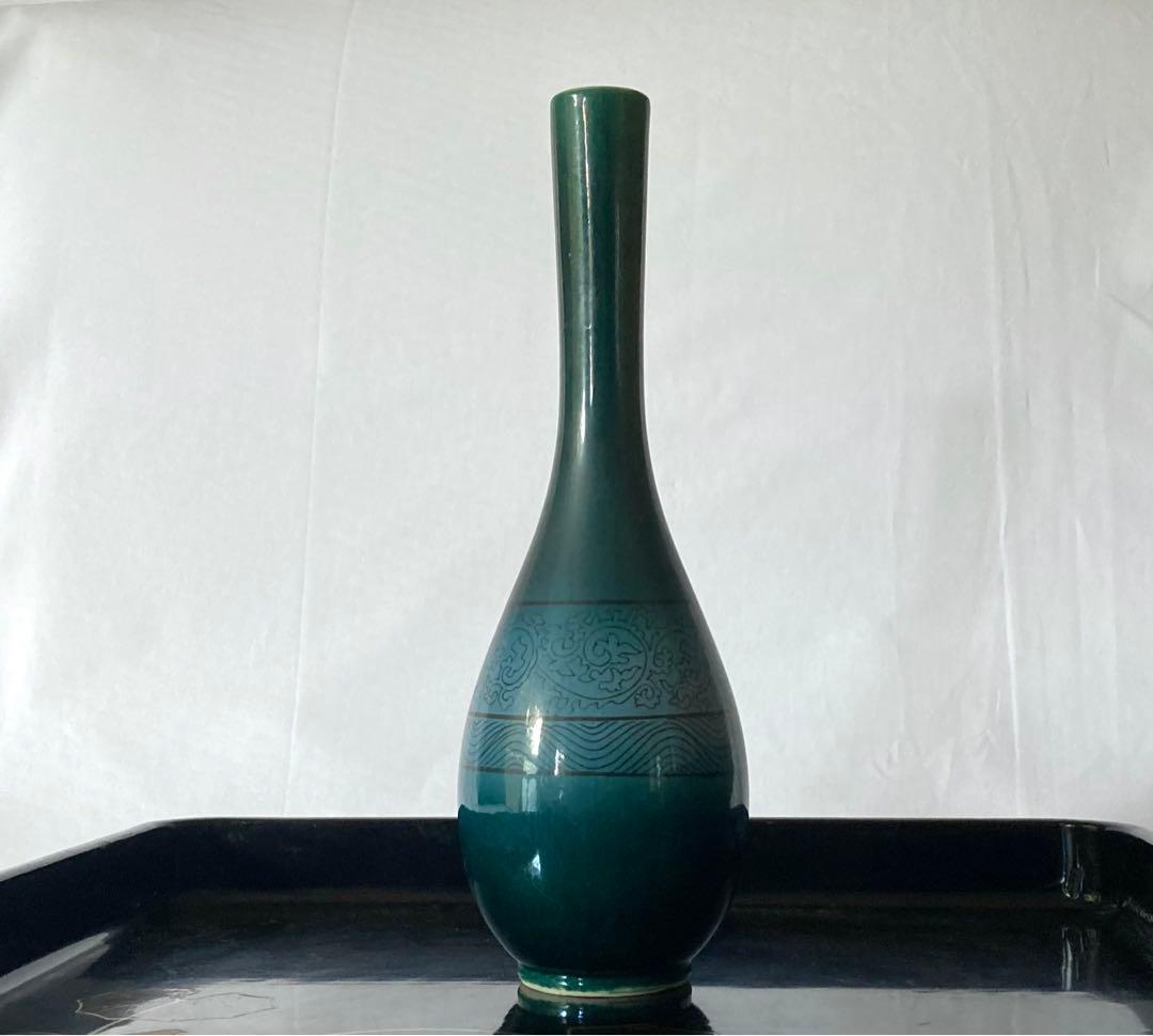 九谷清峰　花瓶　深緑色