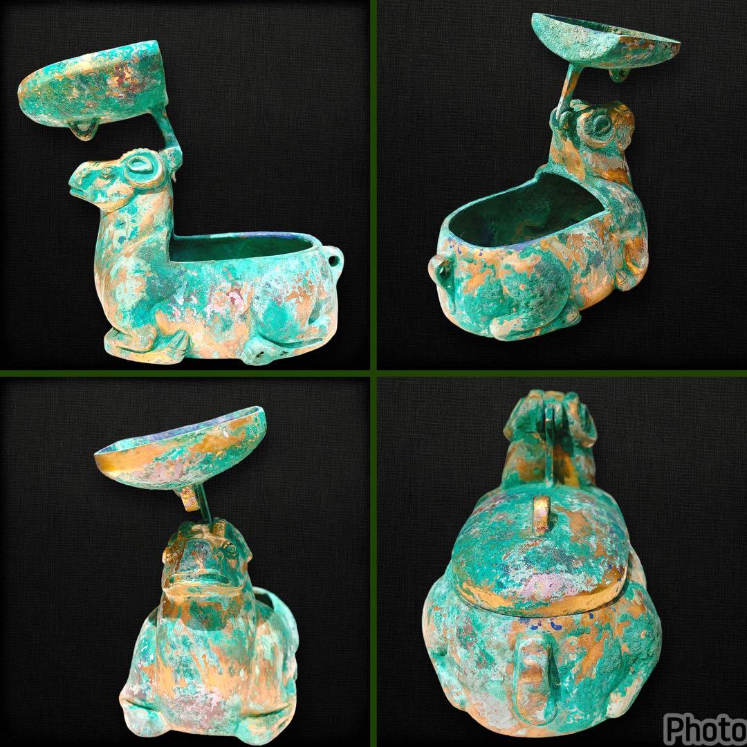 香炉　青銅器　中国　骨董品　古美術　神獣文形　羊　未　ロウソク立て？