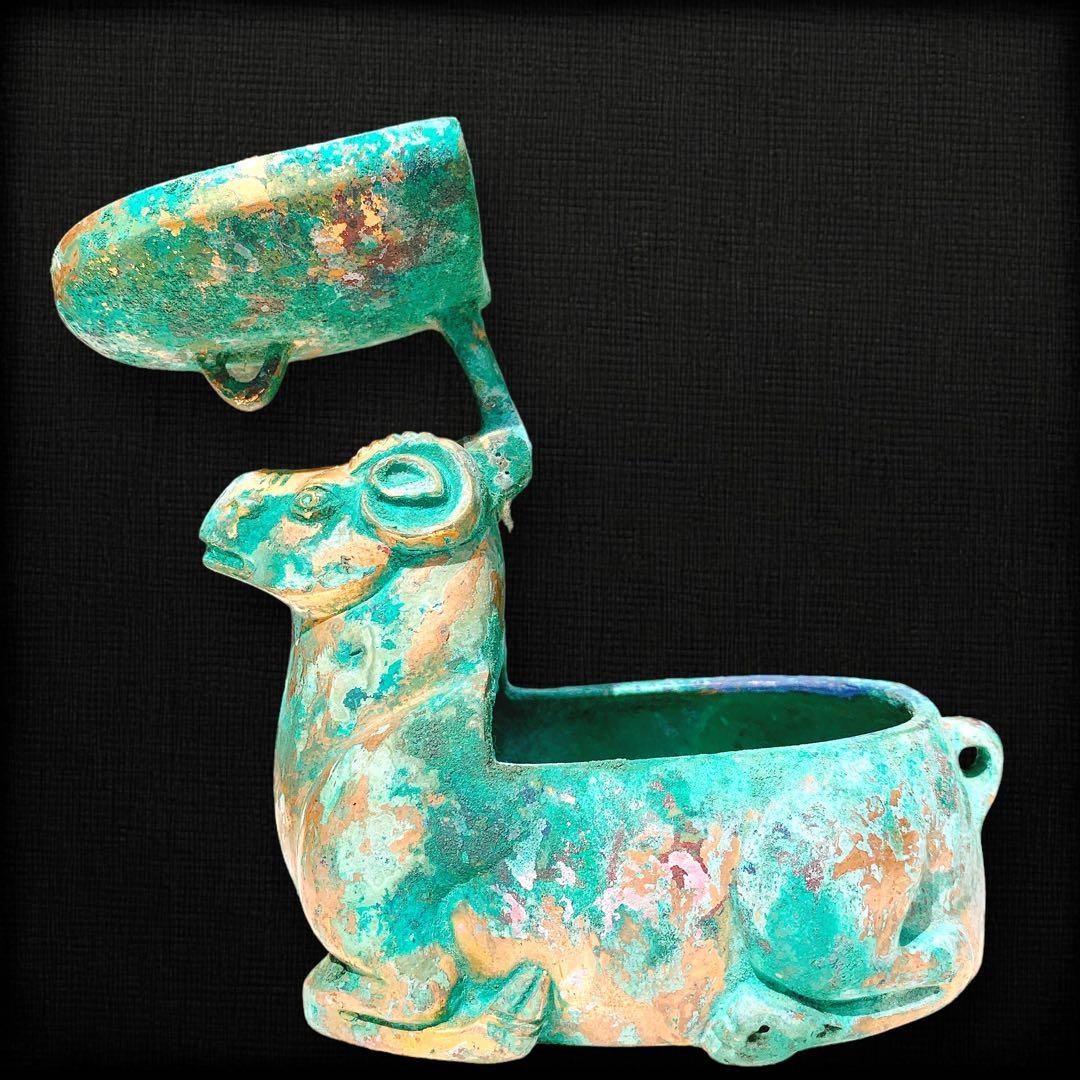 香炉　青銅器　中国　骨董品　古美術　神獣文形　羊　未　ロウソク立て？