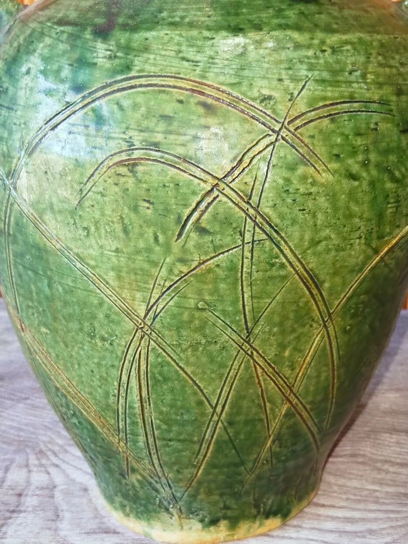 ♥魯山人写し　織部　秋草文　双耳　花器　桐箱付き　花瓶　骨董品