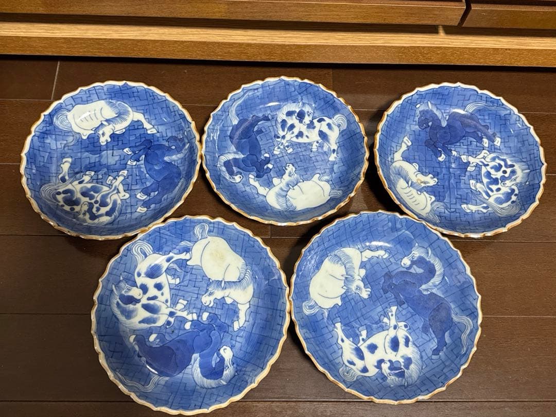 道光年製銘 古い馬文染付皿5枚 中国美術 唐物 清朝 道光年製銘 古い馬文染付皿5枚 中国美術 唐物 清朝 道光年製銘 古い