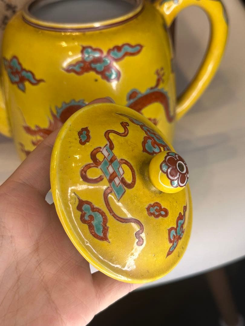 重錦焼 黄釉 赤龍文 水注 时代物 共箱 中国 古美術