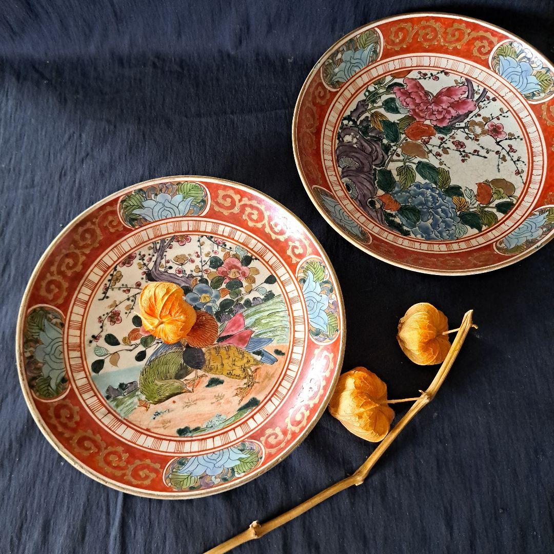 華やかに、九谷の皿を食卓に」 九谷焼色絵皿(直径21cm) 2客セット 骨董
