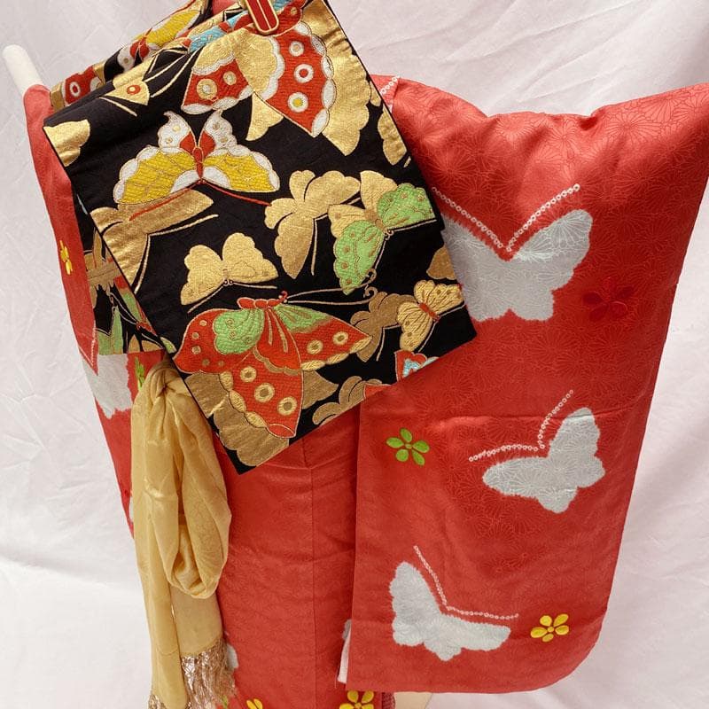 410ag15◎七五三 七歳 女児 着物&袋帯&長襦袢 部分絞り 刺繍◎美品