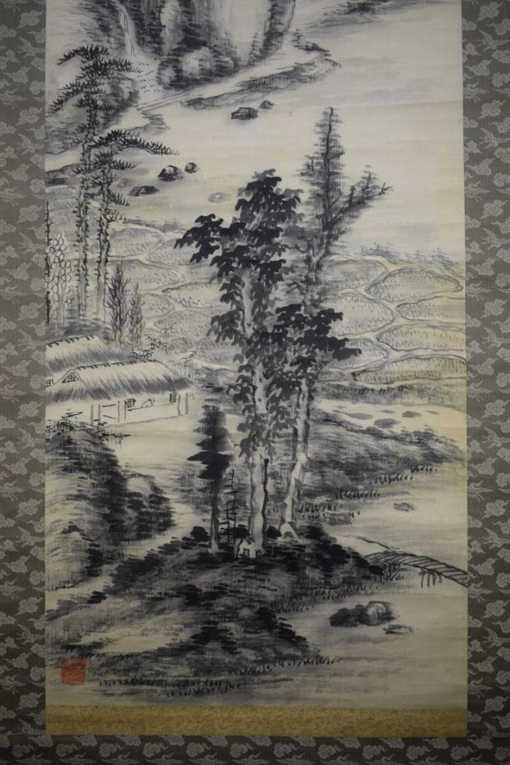 模写/田能村直入/山水画賛/杉箱二重箱付/布袋屋掛軸HF-357