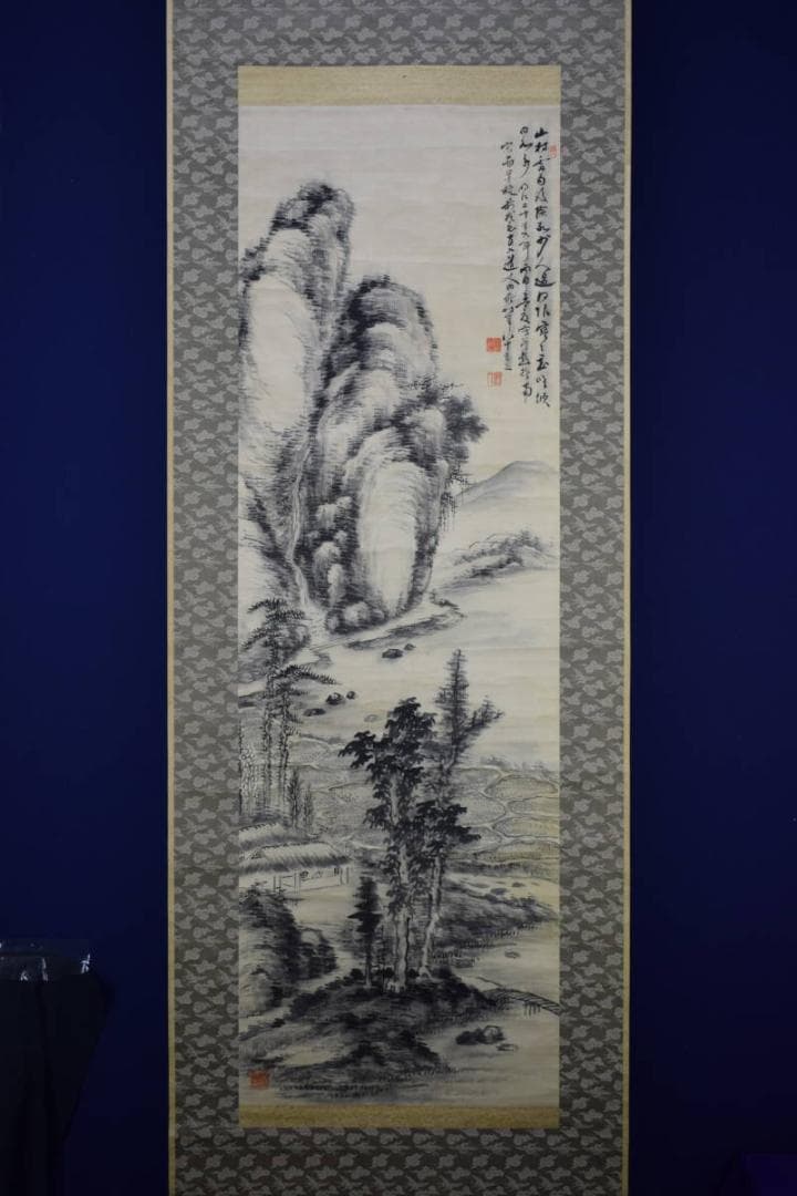 模写/田能村直入/山水画賛/杉箱二重箱付/布袋屋掛軸HF-357