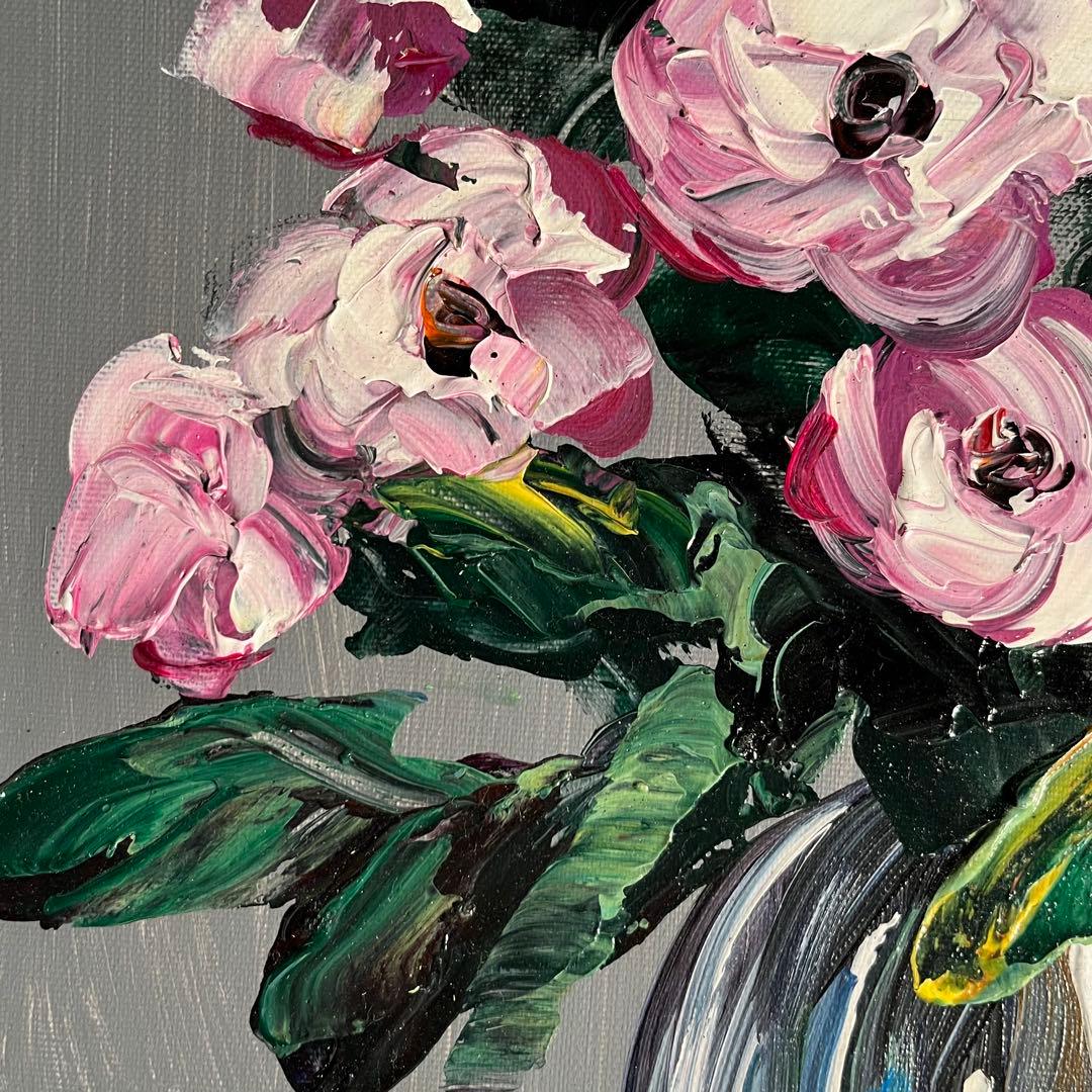 手書き油絵 花瓶の花 額付き 肉筆絵画 インテリア 油彩画