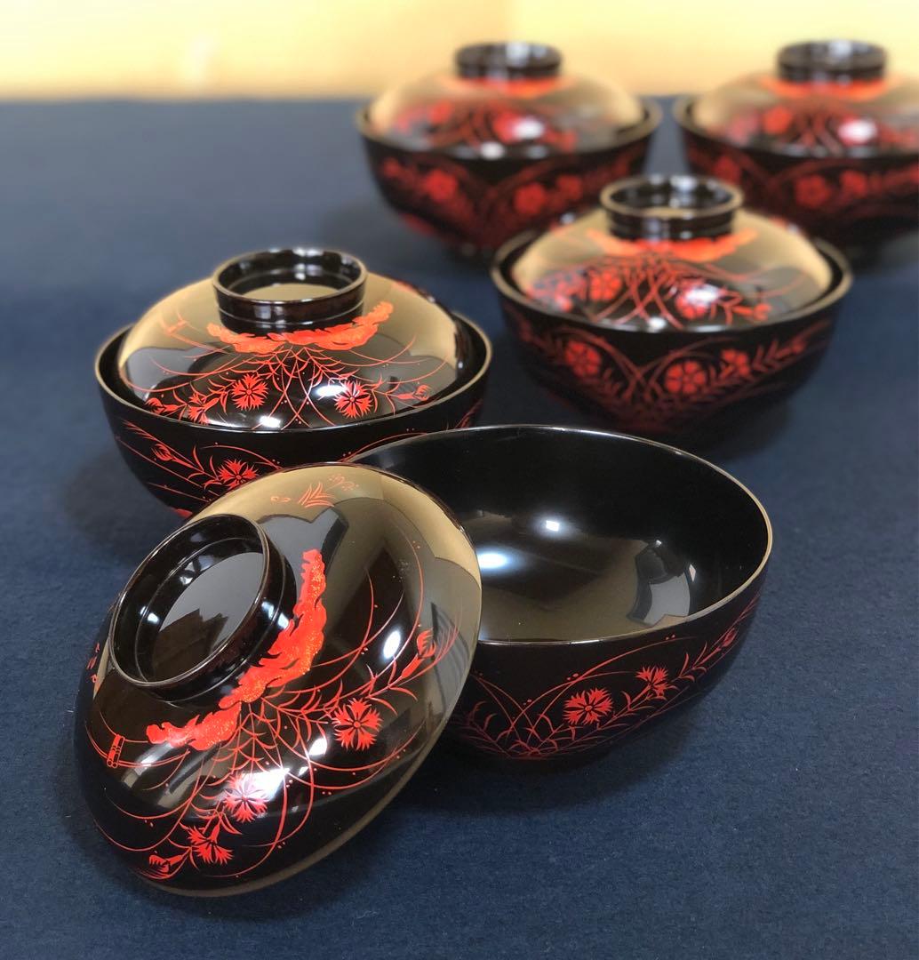 《レ》秋草蒔絵 吸物椀5客 在銘 木製漆器 時代 共箱　251104う3