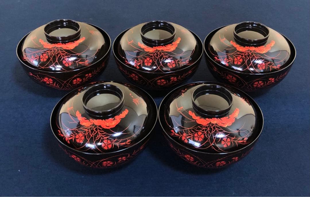 《レ》秋草蒔絵 吸物椀5客 在銘 木製漆器 時代 共箱　251104う3