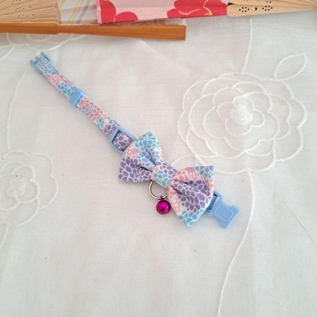 和風リボン(ブルー②)わんちゃん猫ちゃん用首輪 ダブルリボン、和風