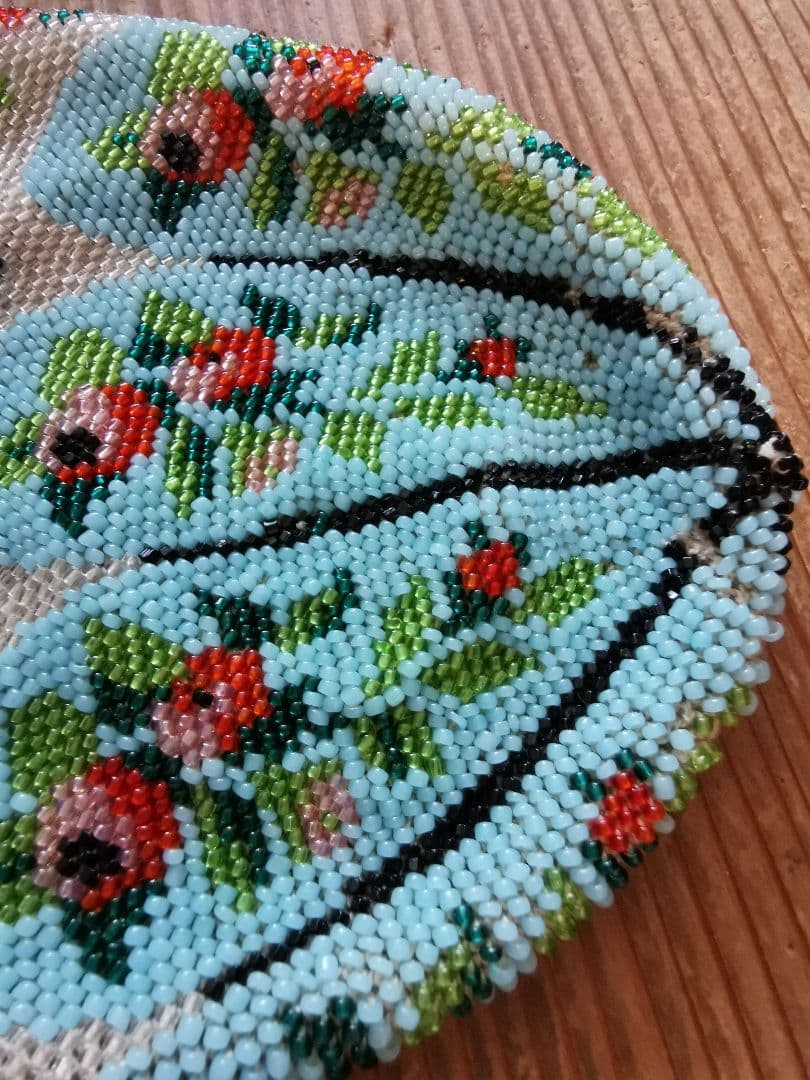 アンティーク マイクロベビービーズ花刺繍レース編巾着バッグ アール