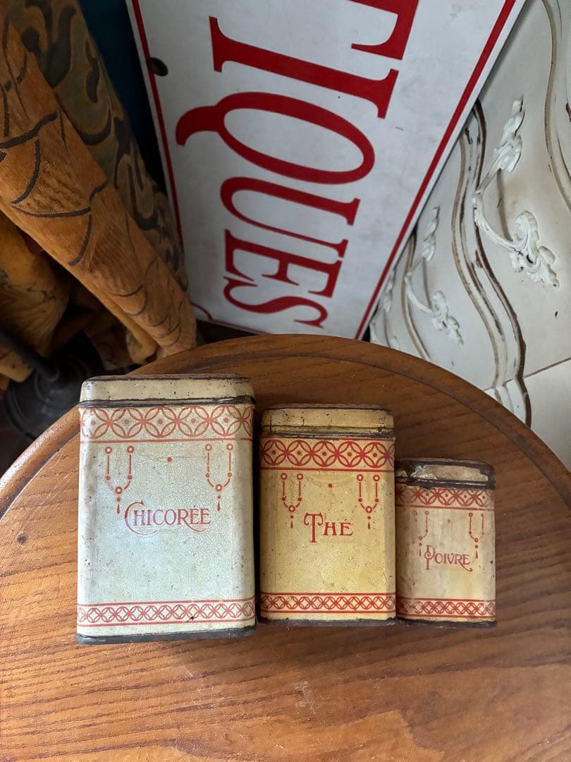 フランス アンティーク ティン缶 キャニスター 小物入れ チェック 赤 100年