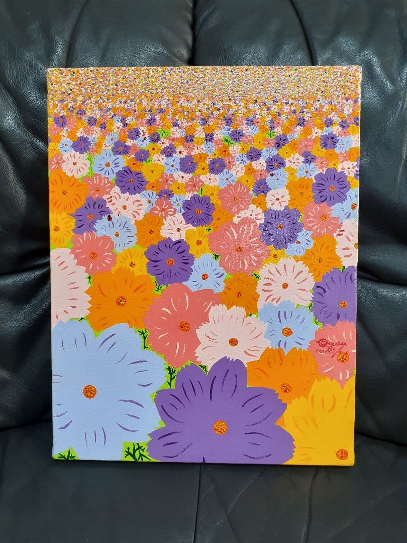 コスモス　ハッピーコスモス畑　画家小楠アキコ作品　F6号　アクリル絵具　額付き