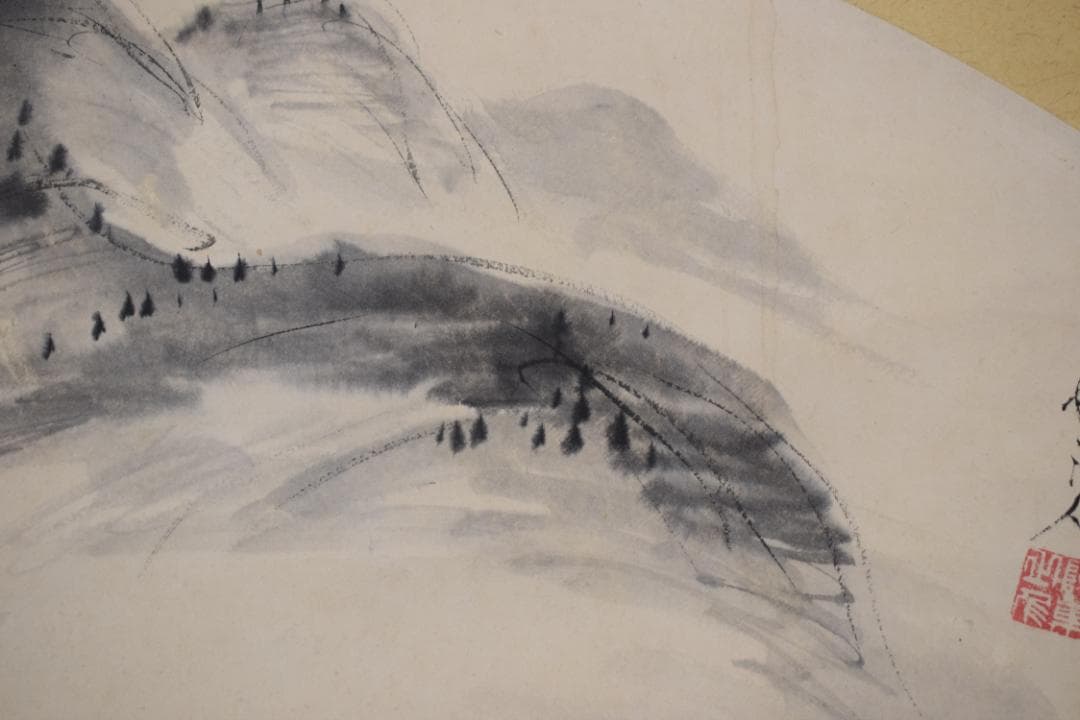 真作】大河内夜江/扇面山水図/横物/掛軸☆宝船☆Y-899