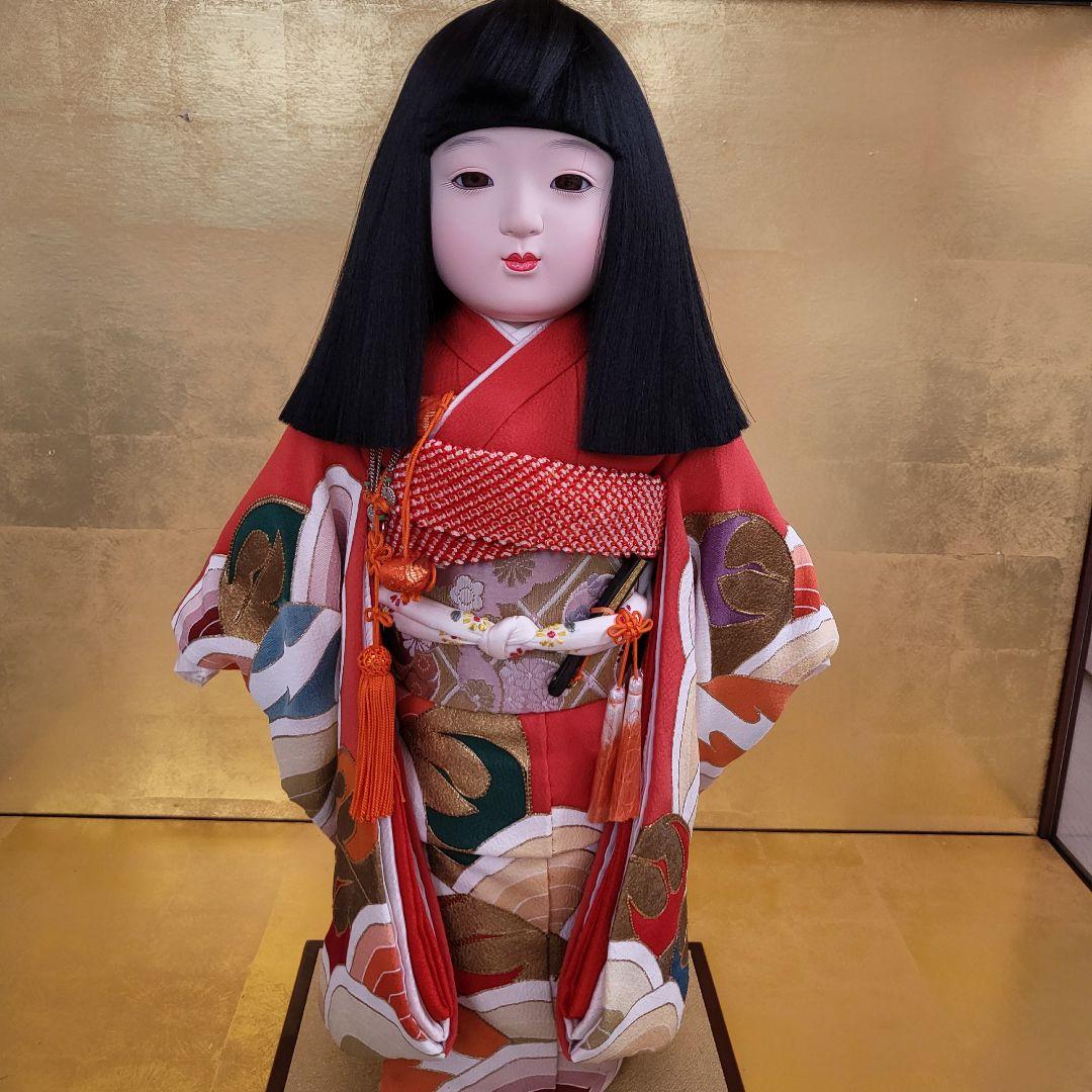 市松人形 (日本人形)11号 人形の久月 赤 着物 花柄 豪華 ガラス