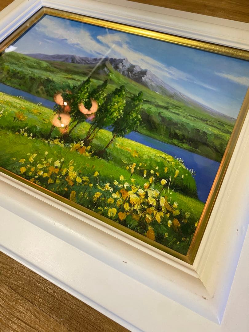 一柳富美　利尻山　油絵　額入り　白額縁　風景画