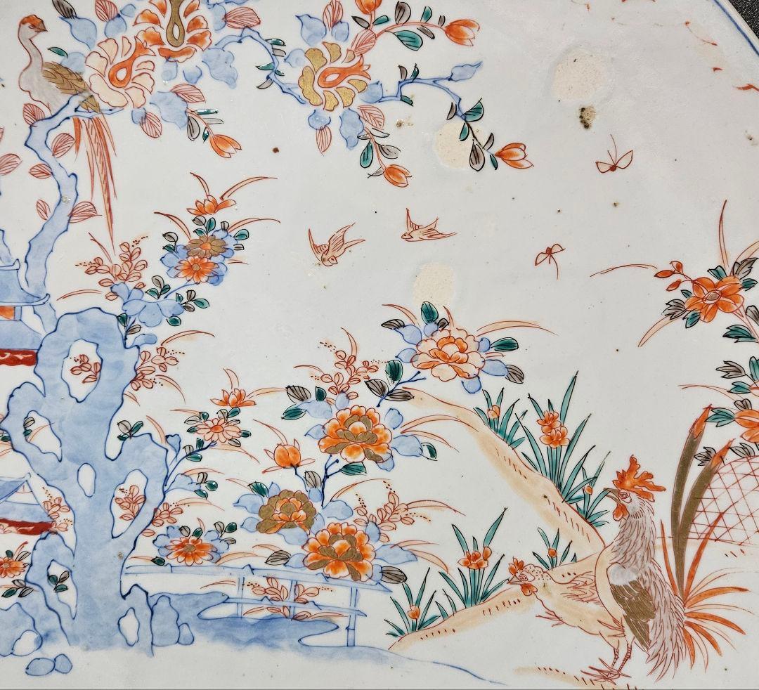 1尺5寸大皿❗】江戸時代末期～明治初期　古伊万里　染錦　金彩色　鶏に尾長鳥図大皿