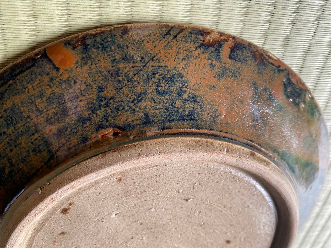 極上！優美大皿人間国宝濱田庄司作 《唐黍文柿釉抜絵皿》（検益子焼