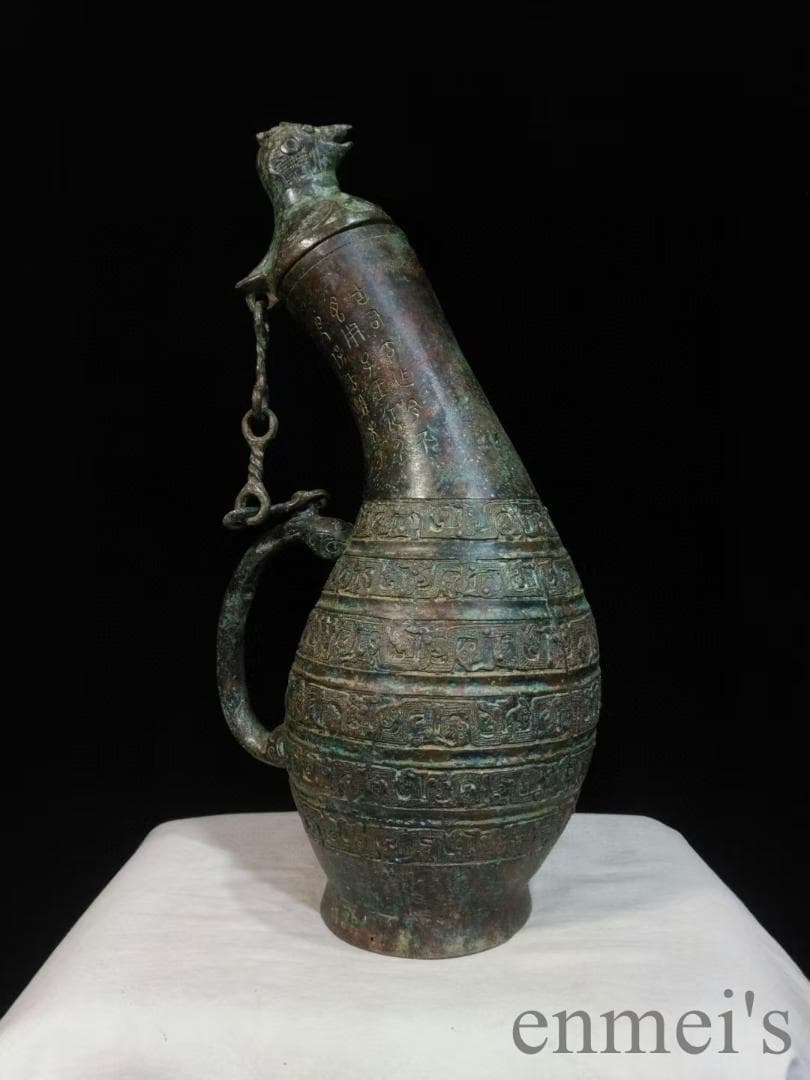 中国古美術 青銅器 禮器 盛酒器 瓠壺 鳥蓋 鍍金 彫刻 唐物 骨董品 禮制美術