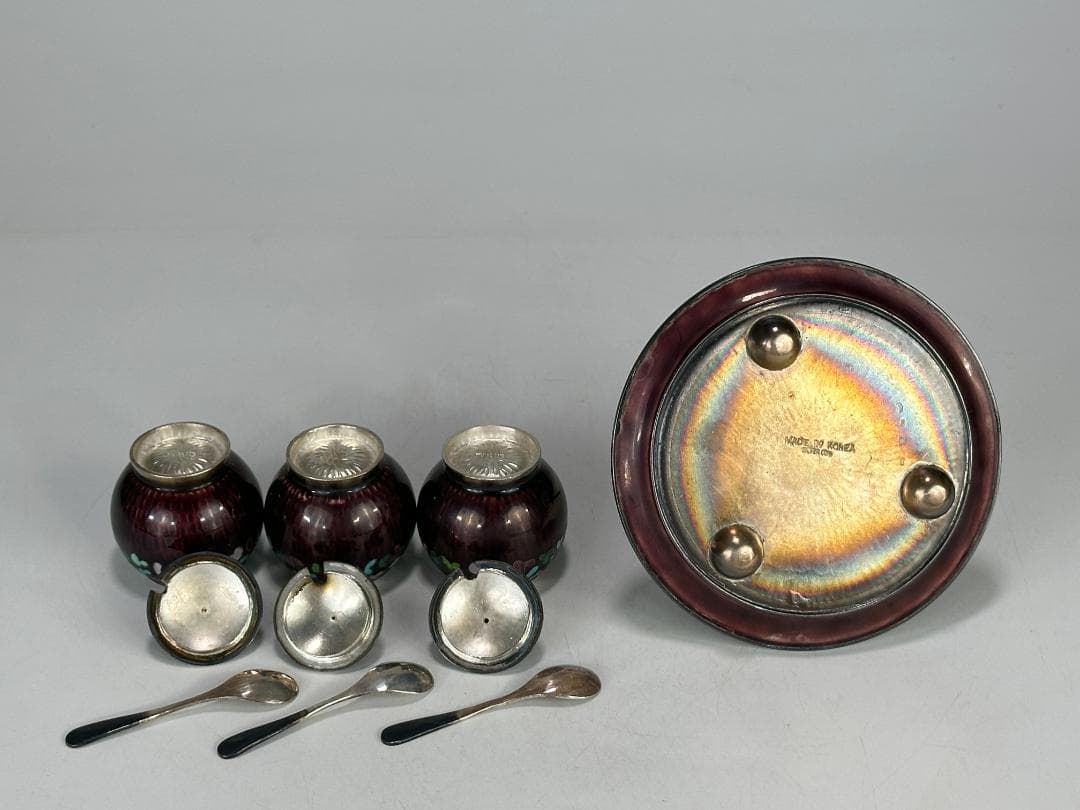 韓国美術　純銀製　刻印有　調味料入　七宝　茶器　茶道具　重さ317g