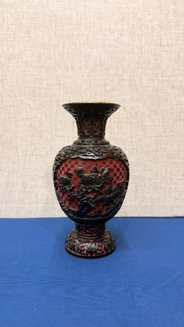 【一点物・古美術】 銅製 堆朱意匠 花鳥文 装飾花瓶｜完形美品