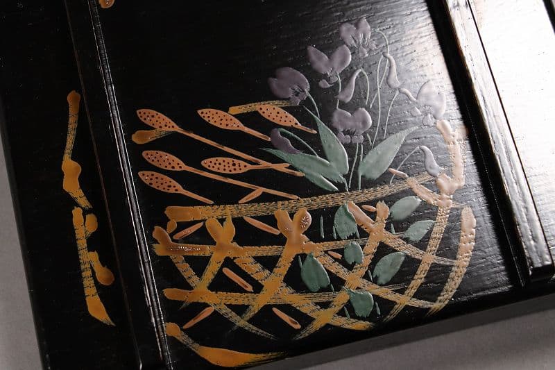 漆芸 山田平安堂 二代 呉藤友乗 花篭蒔絵 蓋物 五点 弁当箱 共箱 M837