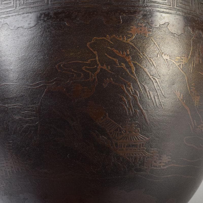 中国 古銅宣徳銅 漢詩山水楼閣文 壁飾 時代箱付 C 9086