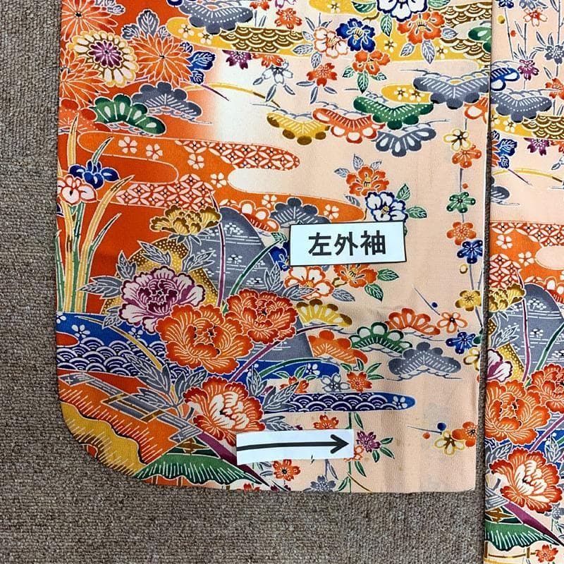 412ag66□七五三 七歳 女児 着物&袋帯 縮緬地 型染 紅型風□状態良好u