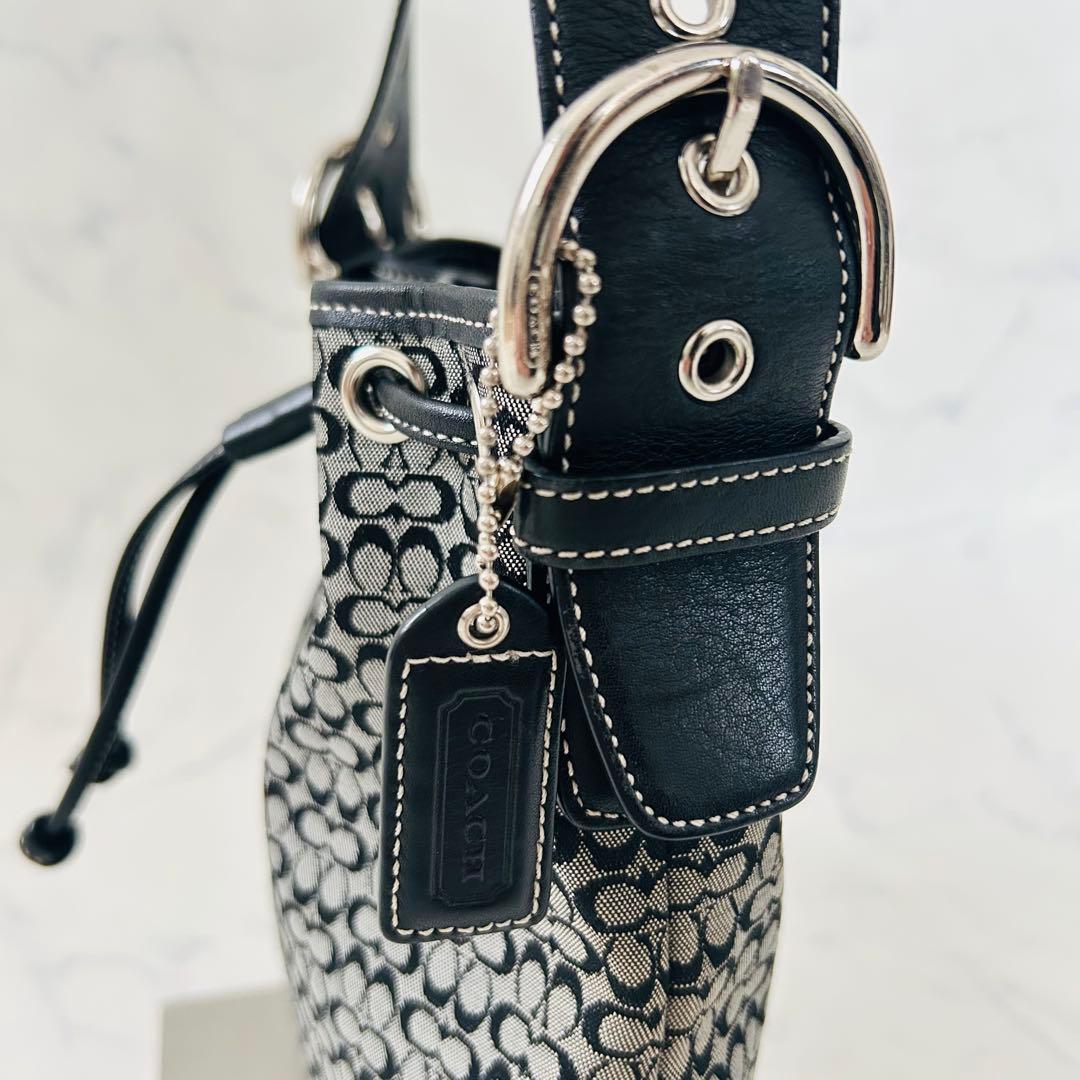 【美品】コーチ　ショルダーバッグ　レザー×キャンバス シグネチャー 巾着型 黒