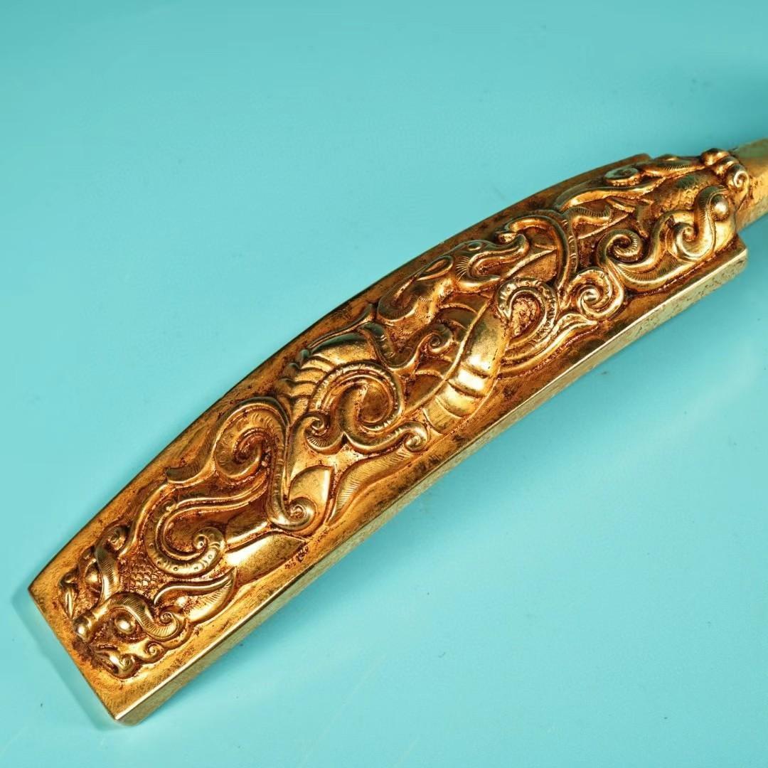 中国古美術・旧蔵龍紋如意腰帯留め・鏨刻鎏金・純銅细密彫・純手作り・高浮彫り・根付