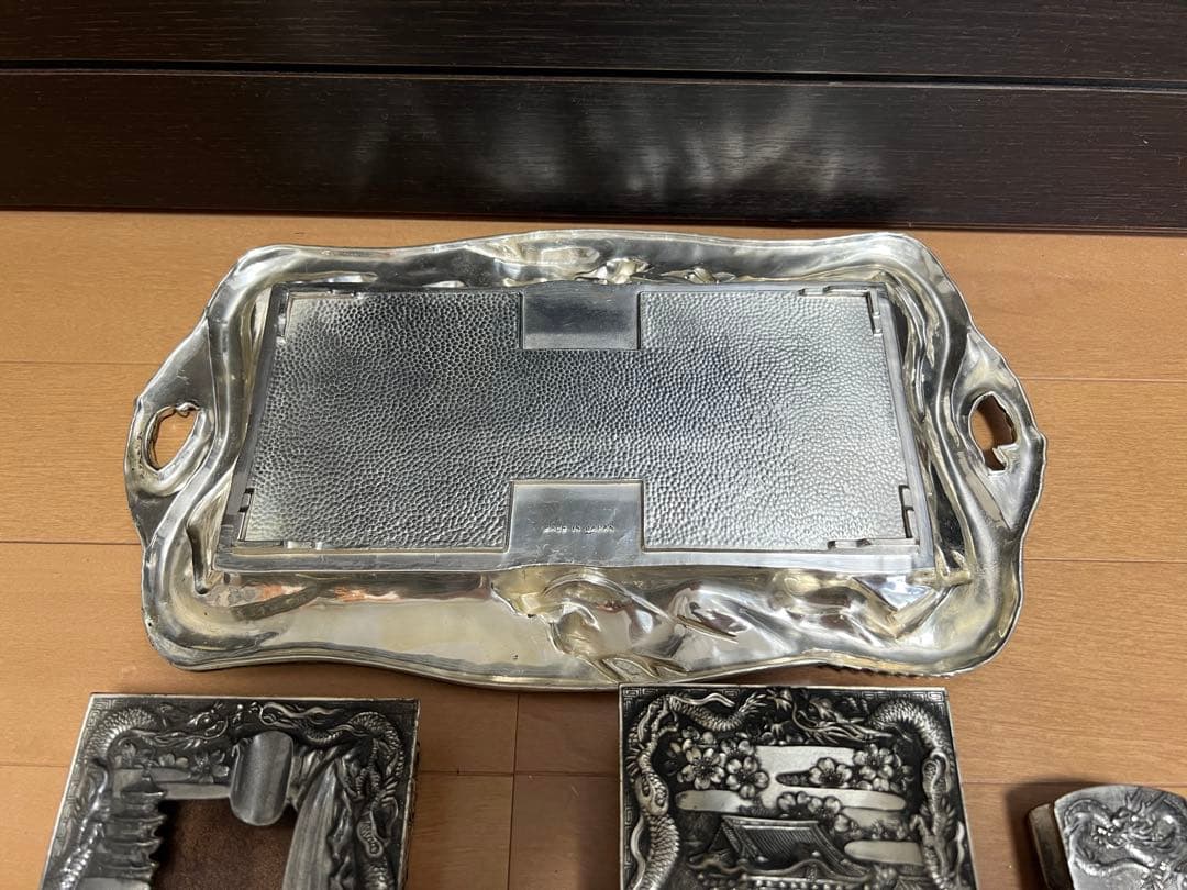 昭和レトロ 龍 日本製 白銅 灰皿セット アンティーク 喫煙具 煙草入れ