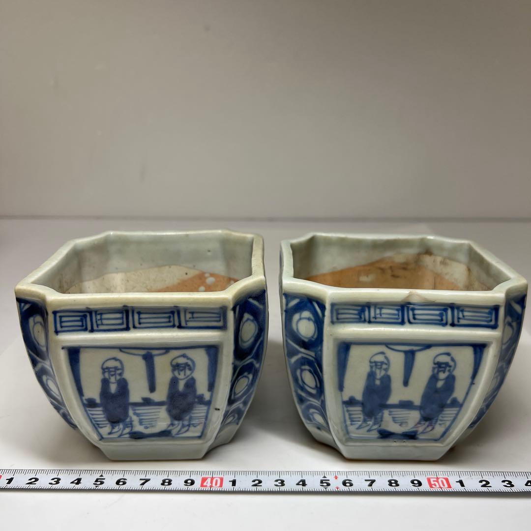 古伊万里　染付角火入一対　木箱付　幅約10㎝　東Y7-0620④タトチ