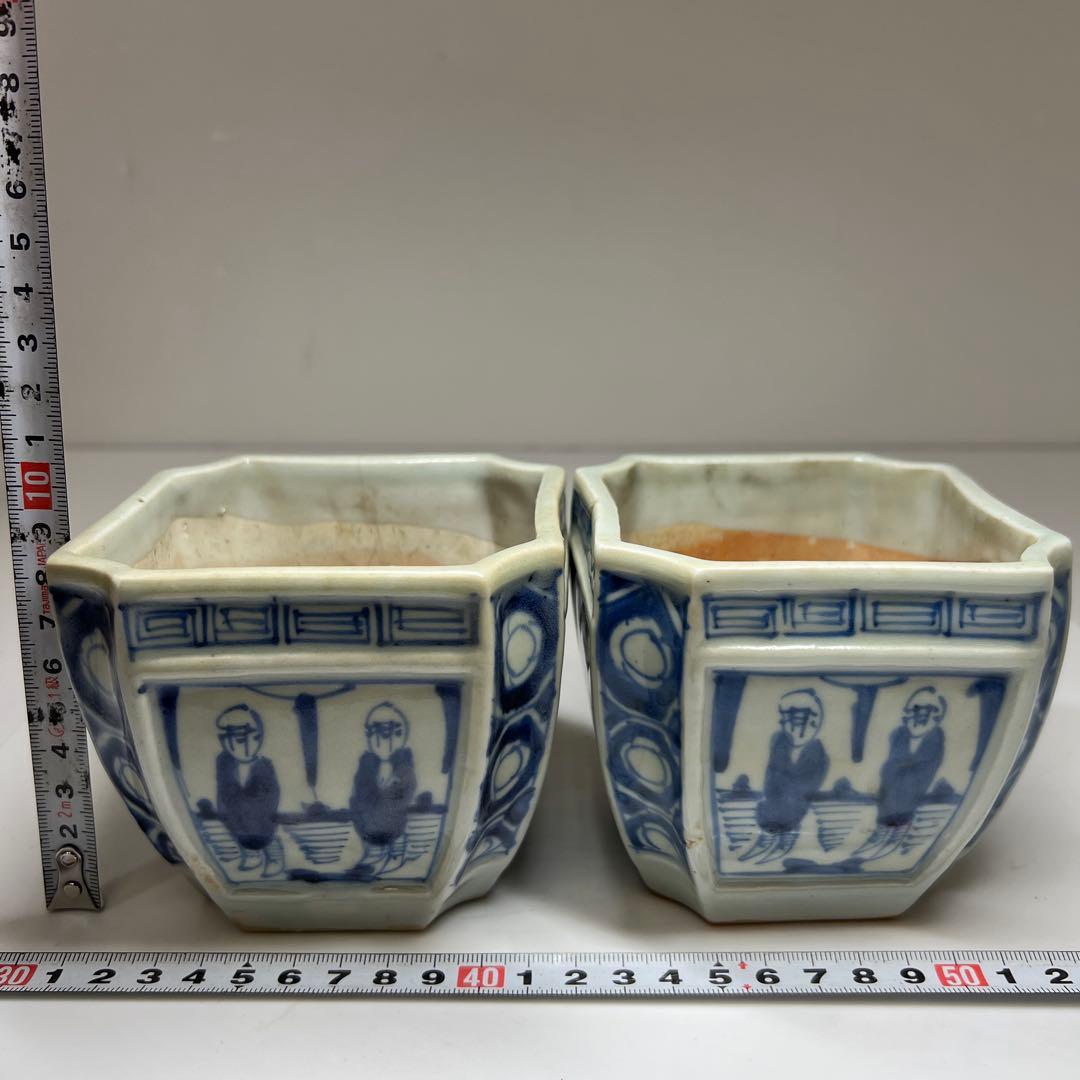 古伊万里　染付角火入一対　木箱付　幅約10㎝　東Y7-0620④タトチ