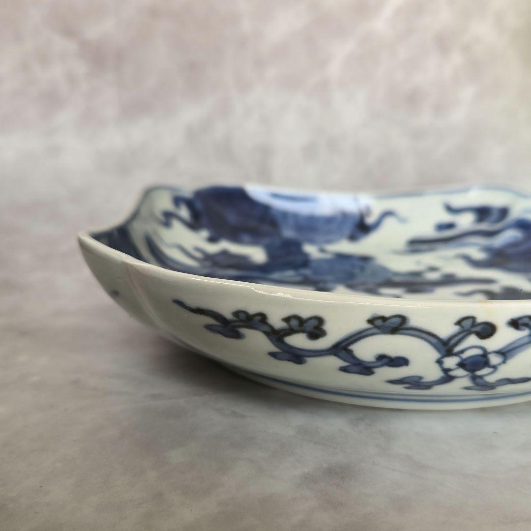 古伊万里 染付 隅入角皿 江戸時代 龍 ドラゴン 金直し 金継ぎ 骨董 和