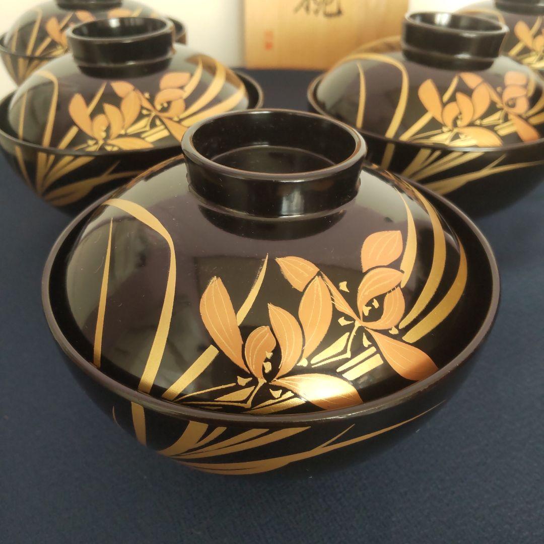 会津塗 特選 お椀 蓋付 金彩 蘭 5客 木箱付 漆器 伝統工芸