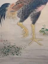 真作】掛軸 軍鶏図 細密彩色花鳥画 秋の風趣 写実花鳥画 合