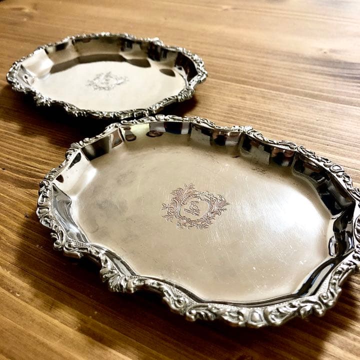 銀】【貴重】アンティーク・シルバープレートトレイ2枚セット♪