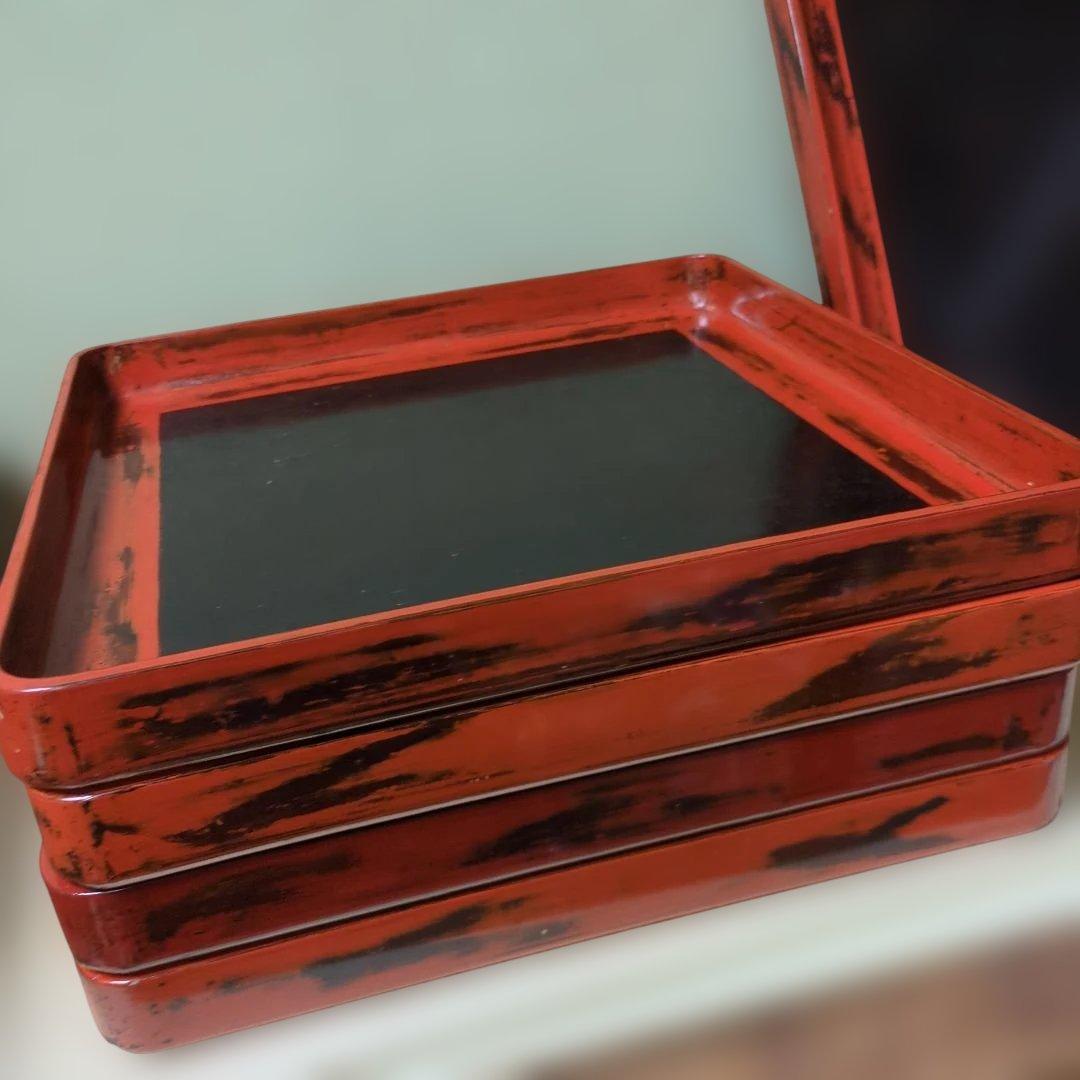骨董　お盆　お膳　木製　漆器　あけぼの　トレイ　角盆　5つ