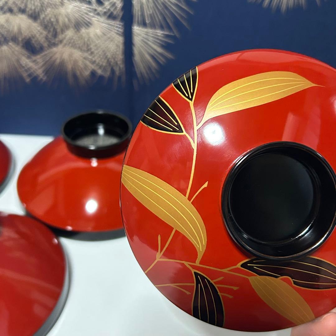 輪島塗　天然木 漆器 蒔絵 多用椀 5個セット 赤と黒 葉模様