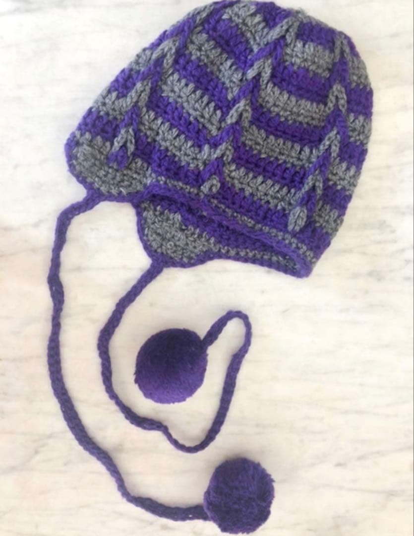 miu miu 手編みニット帽 紫・グレー ポンポン付き 13モチーフ耳当て